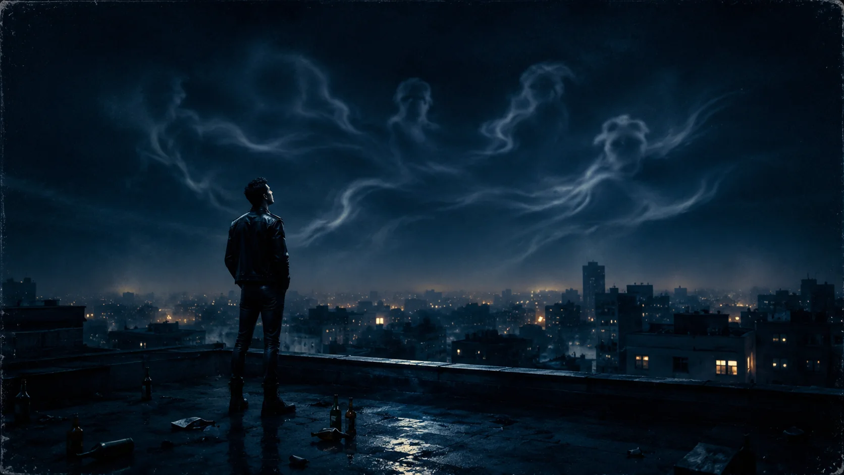 The first Snatches storyboard image: a lone man on a dark rooftop listening to faint ghostly smoke-voices over a city at night.