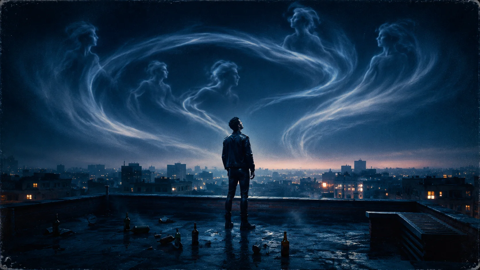 The fourth Snatches storyboard image: the rooftop protagonist stands under a spiral of ghostly smoke figures as dawn begins to edge the horizon.