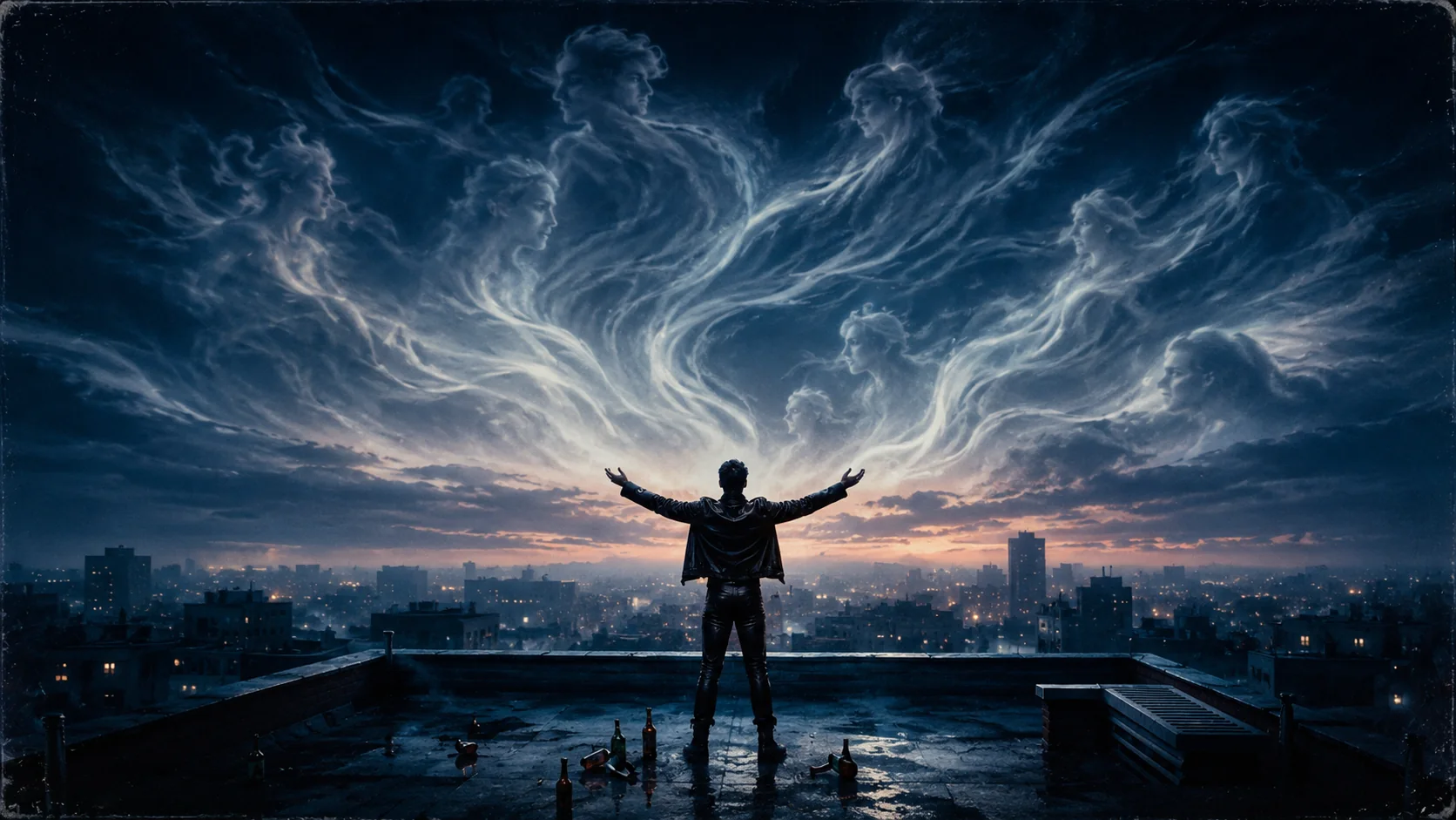 The final Snatches storyboard image: the rooftop protagonist stands with arms open as bright smoke-voices spread across the sky above the city at dawn.