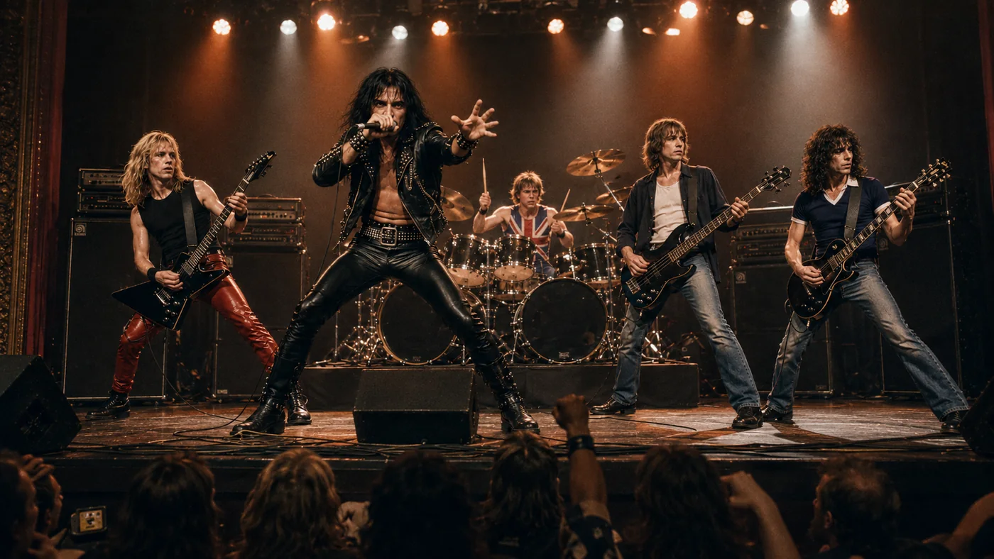 A five-member heavy metal band performing together under deep blue stage light and haze, seen from a low front-row viewpoint.
